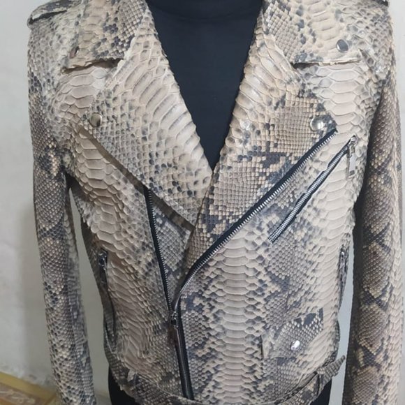 Gray Snakeskin Leather Motorcycle Jacket - Picture 2 of 7